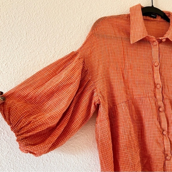 ON BLUE Women Small Boho Bell Sleeve Button Up Cottage Core Oversized Gingham - Picture 5 of 13